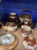 Doulton, Royal and Lambeth salt glazed sprigged ware (Harvest) teapots, sugar, milk jug, small