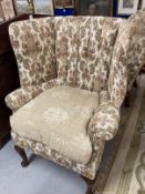 19th cent. Paisley upholstered high back porters chair, rib backed front pad feet shaped rear