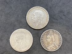 British Coinage: George V Wreath Coin 1929, plus Victoria 1889 double florin and Jubilee head