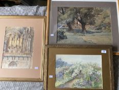 Kenneth Brookes: Watercolour, trees, buildings and a woman, signed lower left, framed and glazed.