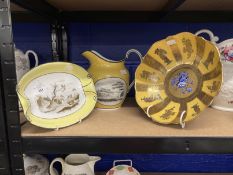 Pottery: 19th cent. pearlware jug decorated en grisaille with three landscape panels on a deep