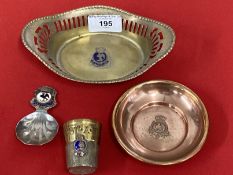Militaria/Royal Navy: H.M.S. Rodney rum measure, copper ashtray, caddy spoon and oval dish.