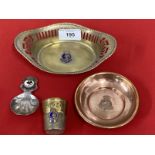 Militaria/Royal Navy: H.M.S. Rodney rum measure, copper ashtray, caddy spoon and oval dish.