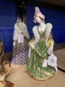 Naples Porcelain: 20th cent figures, Elizabeth I and a lady of the court marked N beneath a crown to