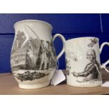 Worcester: Two printed Worcester mugs c1760, one bell shaped and printed with the Whitton Anglers,