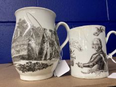 Worcester: Two printed Worcester mugs c1760, one bell shaped and printed with the Whitton Anglers,