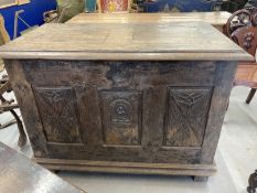 17th cent. French oak and elm coffer with three panel carved monastery style front. 46ins. x