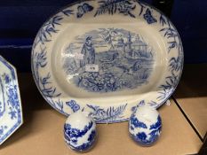 19th cent. English Ceramics: Blue/white meat oval the design depicting bird prey and other birds