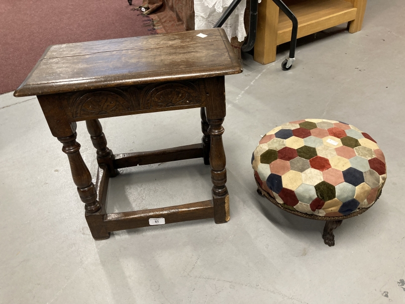 20th cent. Oak joint stool and a footstool with patchwork upholstered top.