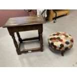 20th cent. Oak joint stool and a footstool with patchwork upholstered top.