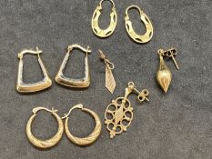 Jewellery: Yellow metal three pairs of hoop earrings plus three odd ones, all stamped 375, all