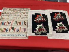 19th cent. Textiles: Woolwork alphabet sampler by Clare Henrietta Lancelles, Feb. 1844, unframed.