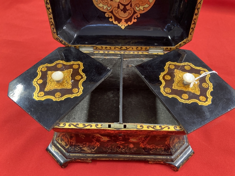19th cent. Jennings & Betteridge chinoiserie bomb shaped tea caddy, papier mache black lacquer and - Image 7 of 8