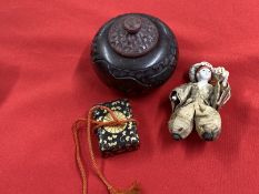 Asian Collectibles: Small oriental doll with bisque head and hands, lacquer box with gilt decoration