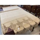 Early 20th cent. Embossed linen blinds with lace borders, a pair. Total drop 88ins. x 40ins.