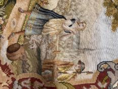 19th cent. Textiles: Woolwork continental tapestry, central panel depicting a shepherd and a