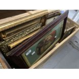 20th cent. Gilt frames and prints in a treen box.