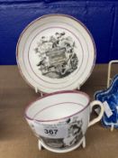 Commemorative Pottery: Pearlware teacup and saucer c1817 printed with Britannia mourning at a