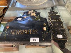 19th cent. Toleware hanging newspaper rack painted with flowers and a similar letter rack.