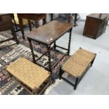 20th cent. Oak side table with double helix twist turned supports plus two rattan footstools.