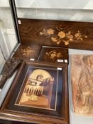 Treen marquetry Italian inlaid wood plaque of flowers. 26½ins. x 8¼ins. Two smaller plaques inlaid