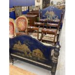 20th cent. Chinoiserie single bed with both head and foot board decorated in poly chrome relief in