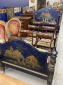 20th cent. Chinoiserie single bed with both head and foot board decorated in poly chrome relief in