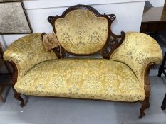 Edwardian upholstered mahogany two seater Grand Salon sofa, cabriole supports.