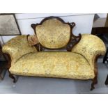 Edwardian upholstered mahogany two seater Grand Salon sofa, cabriole supports.