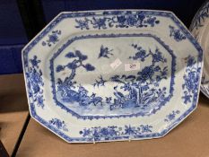 Early 19th cent. Ceramics: Chinese export serving dish/meat platter, crane and deer pattern, blue on