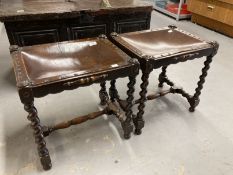 Early 20th cent. Oak stools with leather tops, barley twist legs and cross stretchers. A pair.