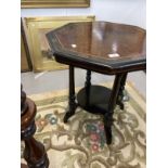 Edwardian ebonised and amboyna hexagonal top occasional table. 24ins. x 22ins.