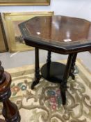 Edwardian ebonised and amboyna hexagonal top occasional table. 24ins. x 22ins.