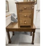 20th cent. Oak turned leg hall table. 29ins. x 42ins. x 24ins. Plus a pine chest of three drawers.