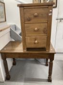 20th cent. Oak turned leg hall table. 29ins. x 42ins. x 24ins. Plus a pine chest of three drawers.