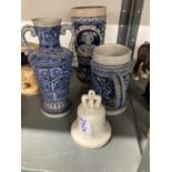 Late 19th/early 20th cent. German salt glaze blue pottery boot, two handled vase, both impressed