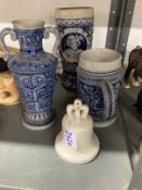 Late 19th/early 20th cent. German salt glaze blue pottery boot, two handled vase, both impressed