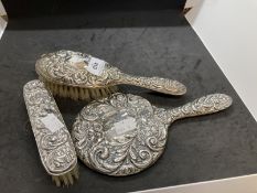 Hallmarked Silver: Three piece dressing table set scroll and mask pattern. A/F