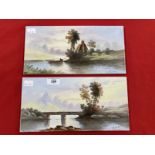 20th cent. Ceramics: Decorated tile plaques, riverside studies, signed L. Audrey, a pair. 12ins. x