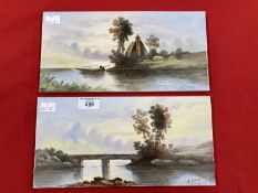 20th cent. Ceramics: Decorated tile plaques, riverside studies, signed L. Audrey, a pair. 12ins. x