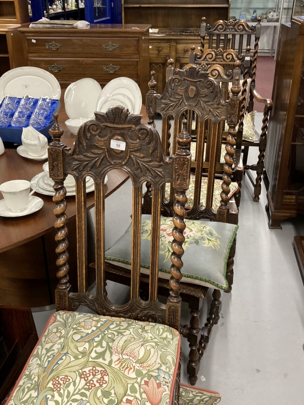 Early 20th cent. Harlequin set of five oak chairs, one armchair, two singles with leather seats, two - Image 4 of 4