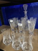 20th cent. Handmade etched glass, champagne flutes x 6, drinking glasses x 3 signed by Steve