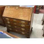 18th/19th cent. Fruitwood rustic bureau, satinwood decoration to the doors and drawers of the fitted