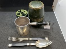 19th cent. French silver campaign picnic set - comprising cup with turned treen handle, folding fork