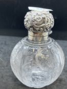 Hallmarked Victorian Silver: Scent bottle in the form of a bulbous engraved glass body with scroll