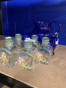 Glassware: 1920s Bristol Blue glass water jug (6¾ins) and two tumblers (one replacement). Plus a