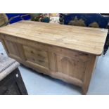 19th cent. Oak and elm oversize French coffer. 66ins. x 29ins. x 27ins.