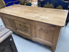 19th cent. Oak and elm oversize French coffer. 66ins. x 29ins. x 27ins.
