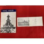 Militaria/Royal Navy: H.M.S. Hood rare War Comforts Fund Charity booklet plus a Hood Christmas card.