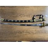 Weapons: Replica Samurai sword 440 stainless steel blade in black and gilt lacquer case.